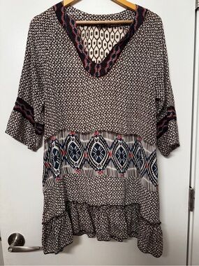 Tolani Sarah Brown - 100% Silk Ikat Print V-Neck Shift Tunic Mini Dress - M